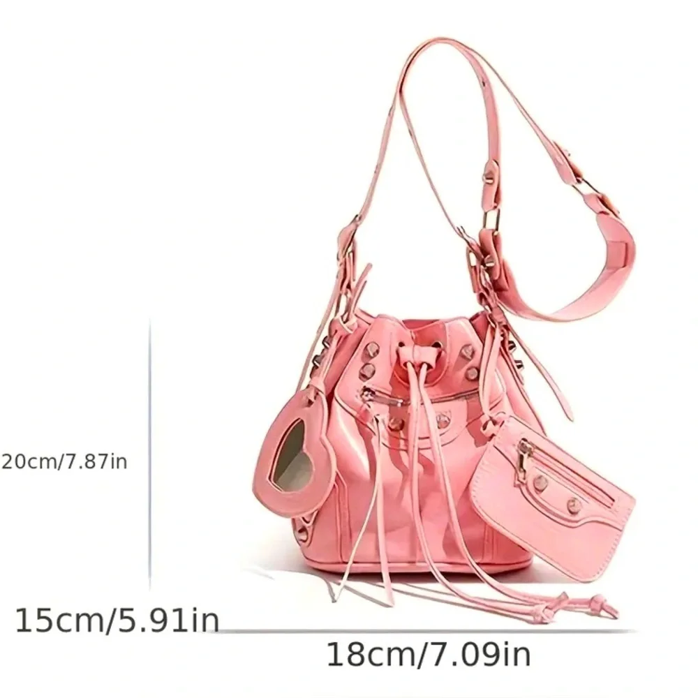 Pink Rivet Pleather Bucket Bag w/Shoulder Strap, Pouch, & ❤️ Shaped Mirror, NWOT